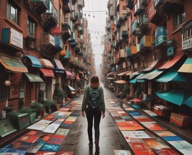 A close-up of a vivid street art mural featuring abstract shapes and lively colors on an urban brick wall.