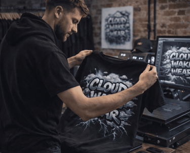 Joven revisando una playera con diseño excliusivo