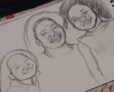 A hand-drawn graphite pencil sketch of three smiling people in a sketchbook.