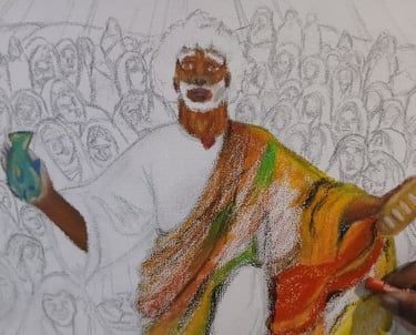 Oil pastel drawing of Jesus performing the miracle of loaves and fishes for a large crowd.