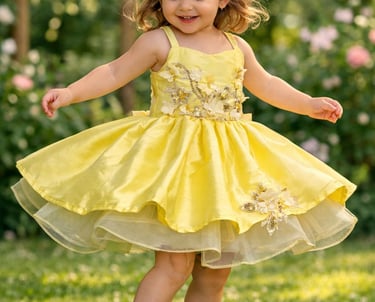 Niña pequeña girando con un vestido floral amarillo , acompañado de una diadema a  juego, jardin