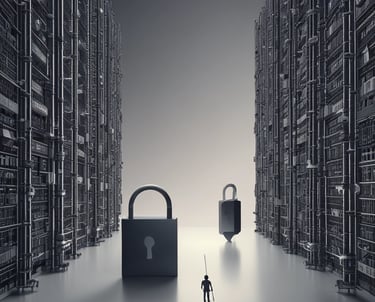 A small figure stands between massive server towers and large padlocks, representing data security and cybersecurity.