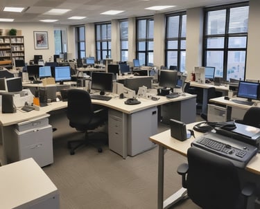 Modern open plan office interior with rows of cubicle desks, computer monitors, and ergonomic chairs.