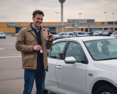 A friendly customer receiving car keys from a smiling rental agent in Kaunas.