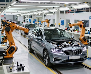 Industrial machinery applying hotmelt adhesive in automotive parts manufacturing.