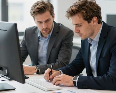 Technician consulting with client over hotmelt system blueprints in industrial setting