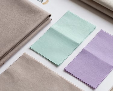 A designer reviewing a mood board that features fabric swatches in muted taupe, mint, and lilac colors.