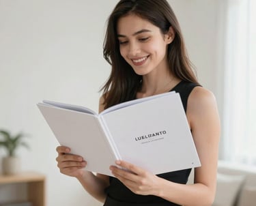 A smiling young woman holding an elegant white catalog, standing in a brightly lit room with minimalist decor.