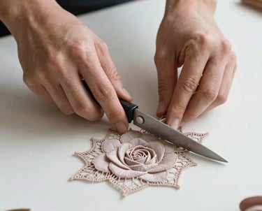 Close-up of professional hands carefully cutting a pale dusty rose lace pattern on a clean white work table.