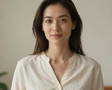 A portrait of a woman in her 30s with a warm expression, wearing a minimalist cream blouse, standing in a bright studio with soft lighting.