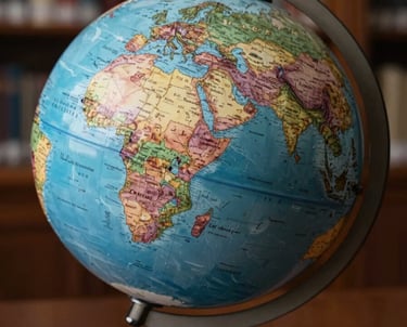 Close-up of a professional desk globe in a library or office, symbolizing global legal standards and reach. Dark, rich colors and soft focus.