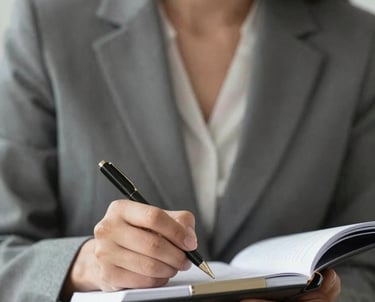 Close-up of a professional woman in business attire, writing notes during a legal consultation. The scene conveys focus, intelligence, and meticulous care. Neutral color palette.