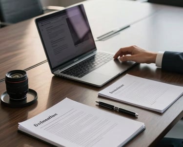 A high-angle photo of a modern boardroom table with high-end tech and legal documents. Soft afternoon light through window. Sophisticated Brazilian business vibe.