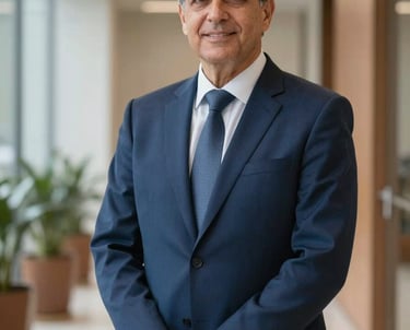 Portrait of a senior legal consultant in a well-tailored navy blue suit, standing confidently in a bright, modern corridor of a Brazilian law firm. The style is authoritative yet approachable, with professional soft lighting.