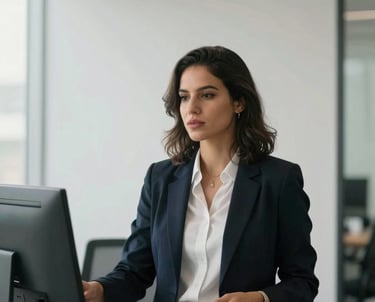 Portrait of a legal tech specialist in a minimalist modern office. Brazilian professional aesthetic, focused on innovation and efficiency in legal processes.