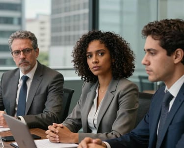 A group of three diverse Brazilian legal professionals in business attire, having a serious meeting in a glass-walled conference room. The atmosphere is focused and collaborative. Modern Brazilian urban setting.