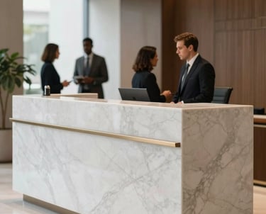 A high-end Brazilian law office foyer with a minimalist marble reception desk. The background is softly out of focus, showing legal professionals in conversation.