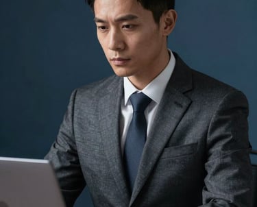 Professional male legal consultant in business formal attire, looking toward a laptop screen with a serious expression. Dark steel blue background, soft shadows.