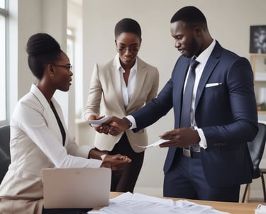 A business consultant advising African clients in a modern office setting in China.