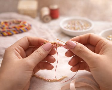 Fabricante de joyas hecho a mano que utiliza una aguja e hilo para tejer perlas de colores