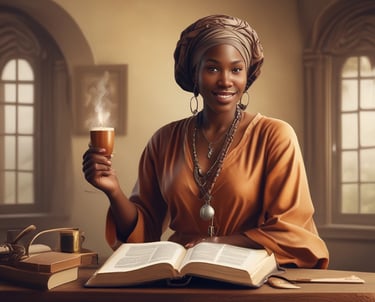 A serene speaker sharing a faith-inspired presentation in a softly lit room with watercolor accents.