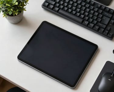 A top-down view of a designer's workspace featuring a tablet, a mechanical keyboard, and a small green plant, with a focus on clean organization, East Asian / Japanese style.