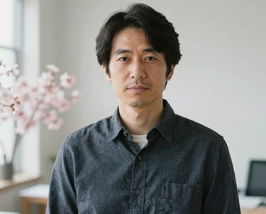 Portrait of a design specialist in a well-lit studio, minimalist attire, soft natural light, background blurred with hint of cherry blossoms, East Asian / Japanese.