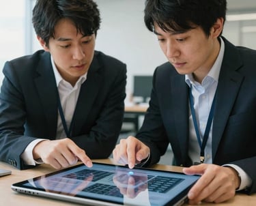Two professionals discussing a design project over a large tablet, reflection of office lights on the screen, collaborative East Asian / Japanese setting.