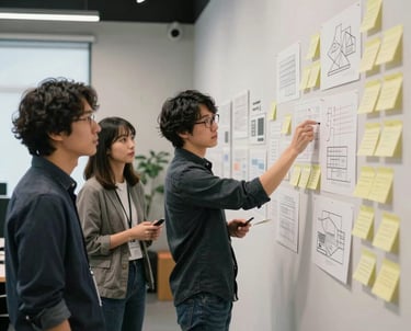 Team members collaborating in a modern studio, looking at a wall of sticky notes and design sketches, creative East Asian / Japanese environment.