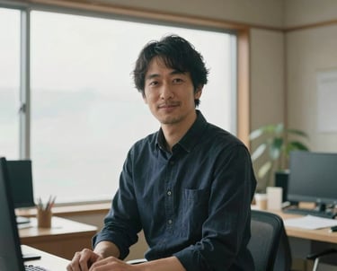 Portrait of a creative strategist in a minimalist Japanese studio, natural light from a window, peaceful and professional atmosphere.