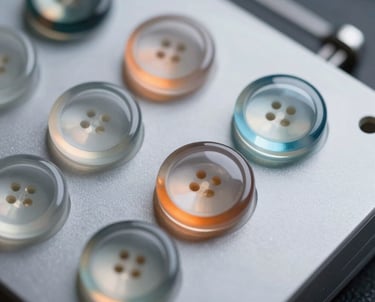 Macro shot of glass buttons on a high-tech device, refracting soft orange and blue light, innovative and modern, East Asian / Japanese studio.