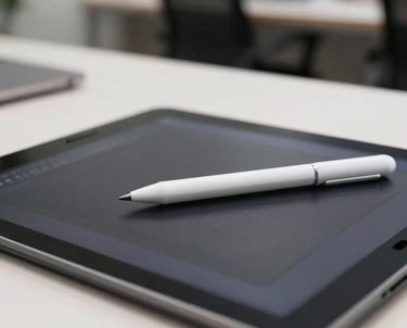 A close-up of a digital drawing tablet with a stylus resting on it, soft focus on a modern office in the background, East Asian / Japanese.