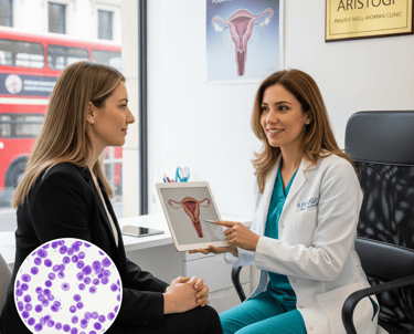 Specialist gynaecologist explaining cervical screening results and HPV testing to a patient.