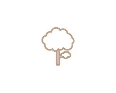 Minimalist tan line art icon of a leafy tree on a solid black background.