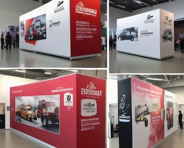 A colorful vehicle wrapped with dynamic branding designs parked outside a busy commercial area.