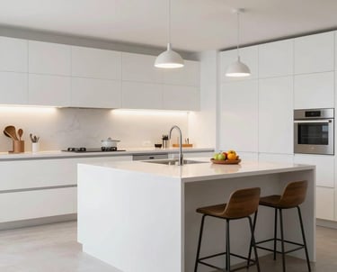 A bright kitchen with new cabinetry, granite countertops, and stainless steel appliances.