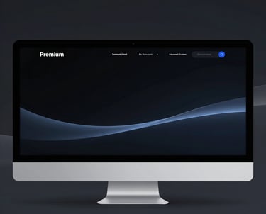A sleek dark card glowing softly with futuristic tech icons and a subtle blue gradient background.