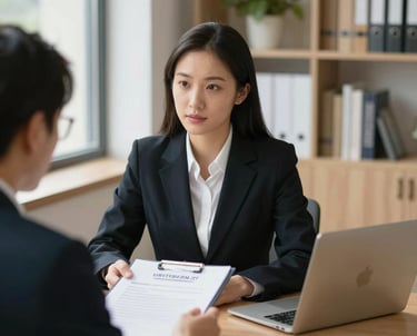A landlord reviewing rental applications on a laptop at a sunlit kitchen table.