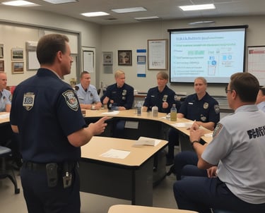 An EMS leader reviewing operational plans with a team in a busy dispatch center.