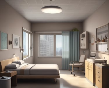 A person resting in a hospital bed at home, connected to one medical pump, symbolizing hospital-at-home care within a cozy residential setting in the USA.