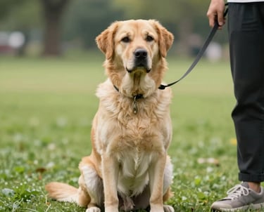 A well-trained service dog sitting patiently beside a person in a North American park setting, focusing intently on its handler, vibrant greens and soft natural tones in the background, sharp detail.