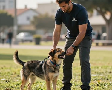 A professional trainer in a park in Valparaiso, Indiana, working with a young service dog, North American outdoor environment, bright morning light, focusing on the cooperative relationship and expert training.