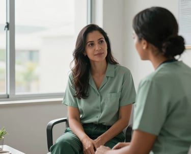 A candid and professional photograph of a Caribbean therapist in a bright, clean office with a large window, soft natural lighting, dressed in professional yet relaxed attire, conveying trust and empathy, palette including sage green and deep green.