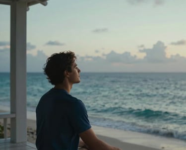 A peaceful individual sitting on a Caribbean porch overlooking the ocean at sunset, practicing gentle breathing, soft lighting, calm and empathetic mood, palette of deep blue and light grey-green.