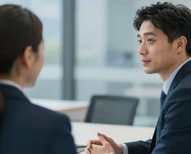 Two colleagues in a calm, focused discussion, representing effective communication and emotional intelligence. Sophisticated atmosphere, #A7C2BF highlights.