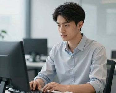 A professional focused on a clean workspace, embodying the M3 module of environment control and decision making. Professional lighting, sophisticated feel.