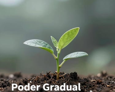 A close-up of a plant growing steadily through structured soil, representing the 'Poder Gradual' and habit consistency. Clean lighting with #3D6B6A tones.