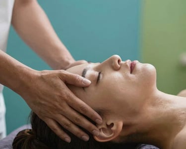 A calm setting showing a practitioner gently massaging a client's scalp and shoulders.
