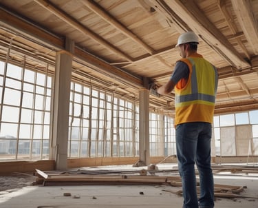 Construction workers installing electrical wiring on a commercial building site.