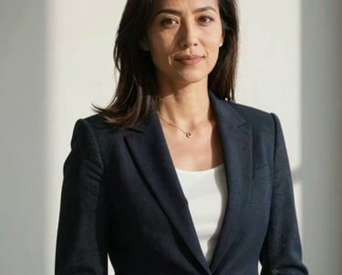 A professional portrait of a woman in business casual attire standing in front of a white wall with soft side-lighting. North American / Academic context.